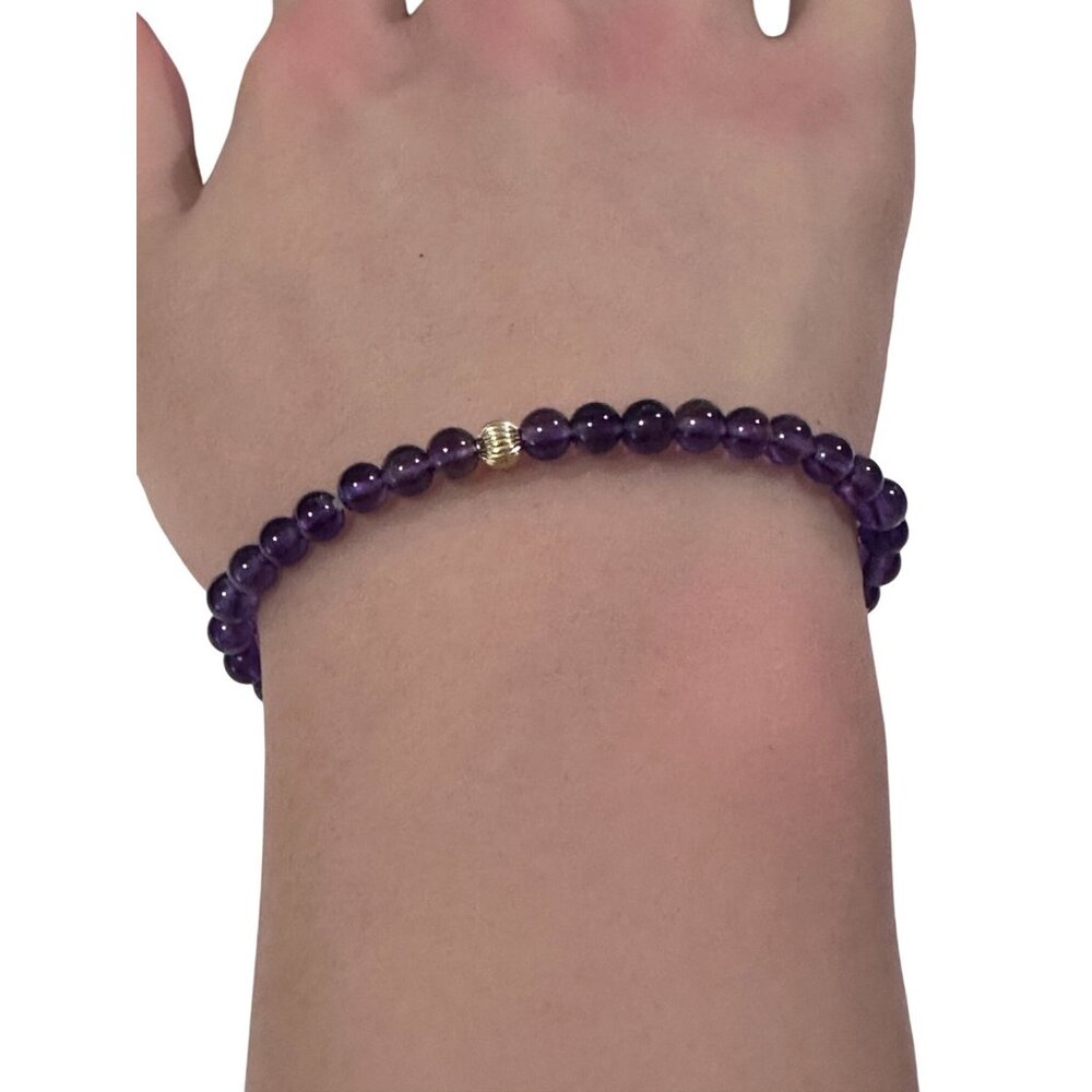 Gemstones Amethyst Mini 4mm Stretchable Bracelet 14k Gold Bead Charm Corrugated - Picture 6 of 6